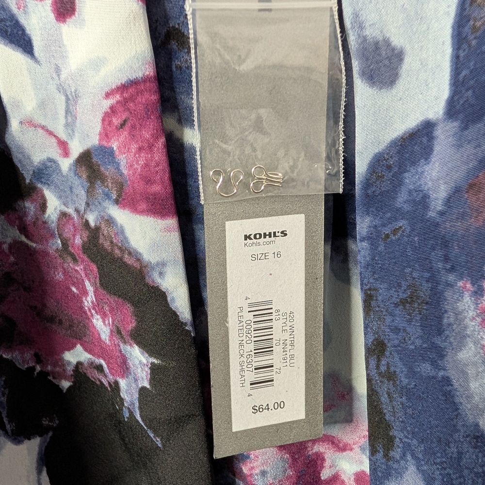 Apt. 9 NWT Pleated Neck Sheath Dress Size 16, Blue Floral Print,‎ Fully Lined - Picture 3 of 6